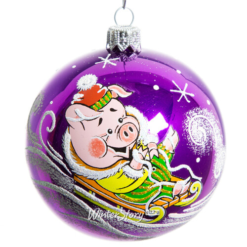 Стеклянный елочный шар Зодиак - Свинья на санках 8 см лиловый Фабрика Елочка