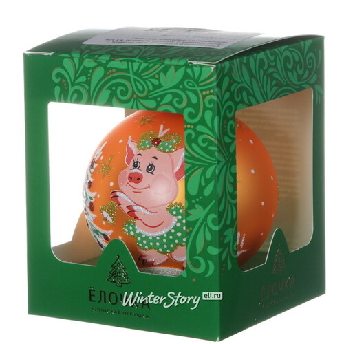 Стеклянный елочный шар Зодиак - Леди Свинка с колокольчиком 8 см оранжевый Фабрика Елочка