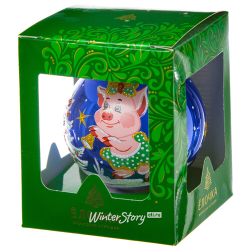 Стеклянный елочный шар Зодиак - Леди Свинка с колокольчиком 8 см синий Фабрика Елочка