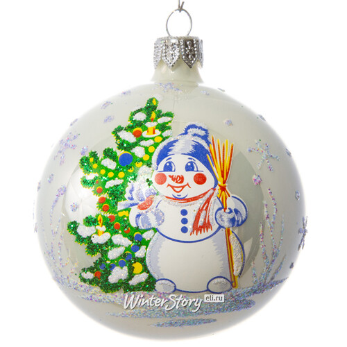 Стеклянный елочный шар Снеговик 7 см белый Фабрика Елочка
