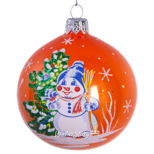 Стеклянный елочный шар Снеговик 7 см оранжевый Фабрика Елочка