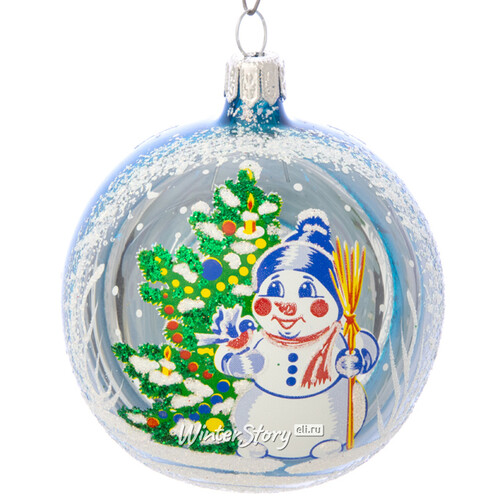 Стеклянный елочный шар Снеговик 7 см синий Фабрика Елочка