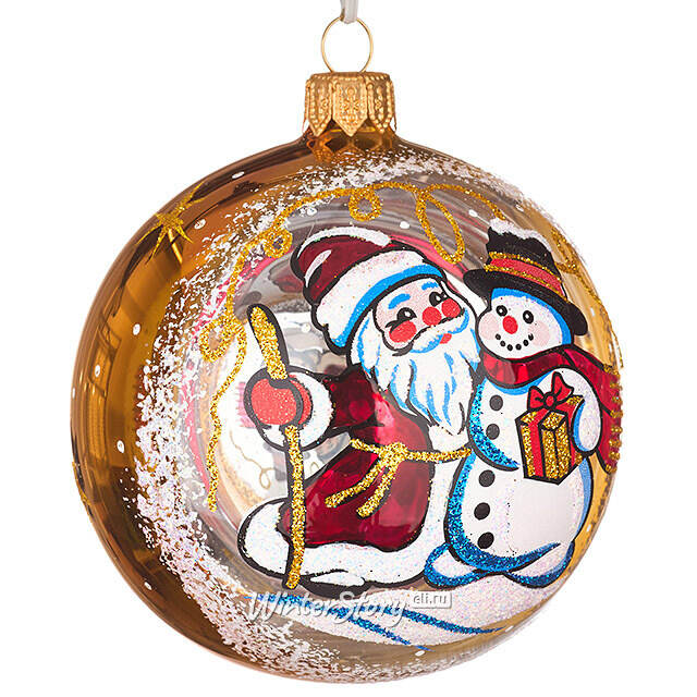 Стеклянный елочный шар Морозный День 9 см золотой Фабрика Елочка