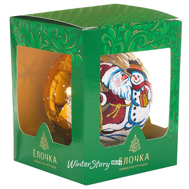 Стеклянный елочный шар Морозный День 9 см золотой Фабрика Елочка