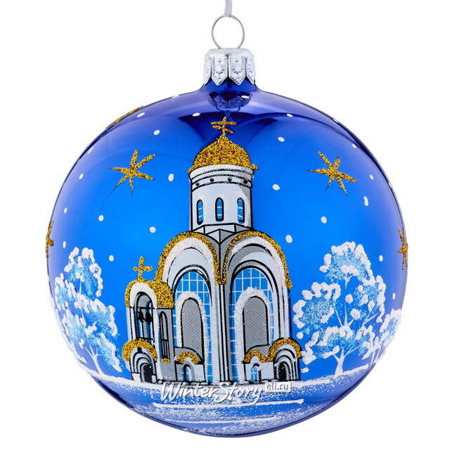 Стеклянный елочный шар Храм 9 см синий Фабрика Елочка