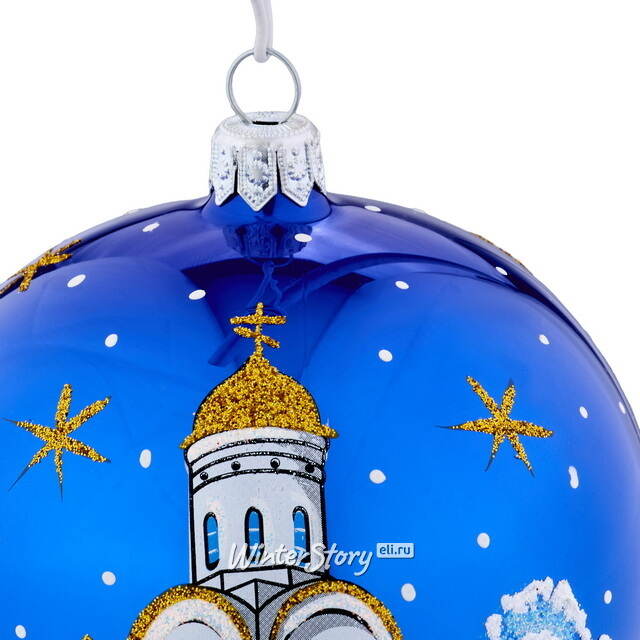 Стеклянный елочный шар Храм 9 см синий Фабрика Елочка