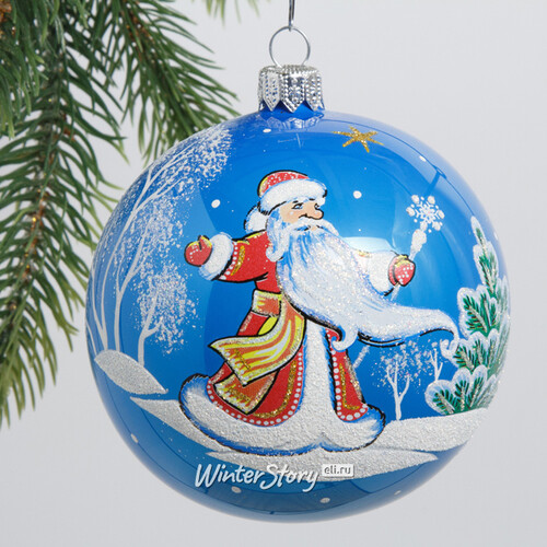 Стеклянный елочный шар Дед Трескун 9 см голубой Фабрика Елочка