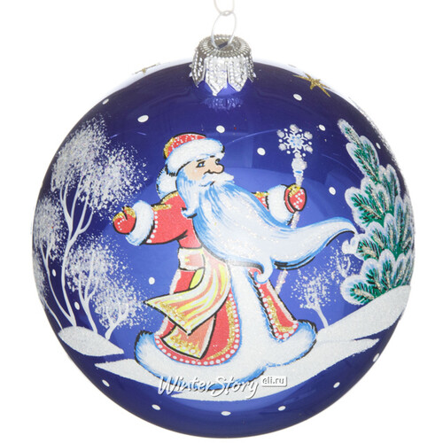 Стеклянный елочный шар Дед Трескун 9 см синий Фабрика Елочка