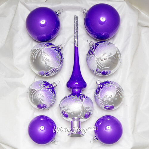 Набор стеклянных елочных шаров с верхушкой Василиса фиолетовый Фабрика Елочка