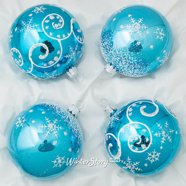 Набор стеклянных елочных шаров Заснеженный 7 см, 4 шт бирюзовый Фабрика Елочка