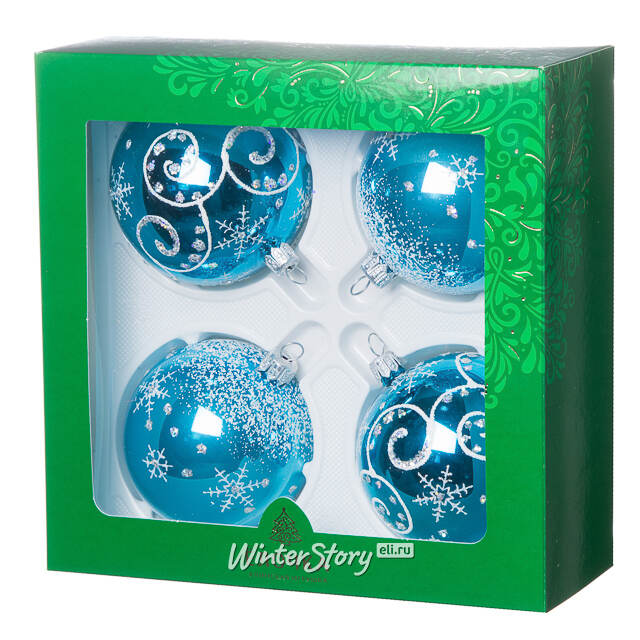 Набор стеклянных елочных шаров Заснеженный 7 см, 4 шт бирюзовый Фабрика Елочка