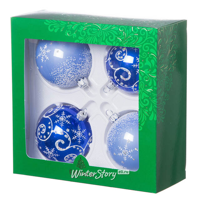 Набор стеклянных елочных шаров Заснеженный 7 см, 4 шт синий Фабрика Елочка
