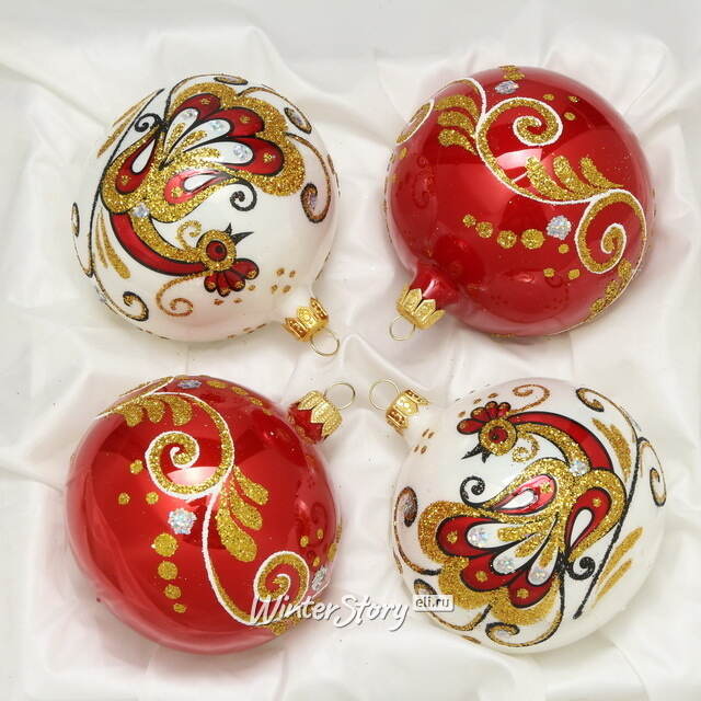 Набор стеклянных елочных шаров Пава 8 см, 4 шт красный Фабрика Елочка