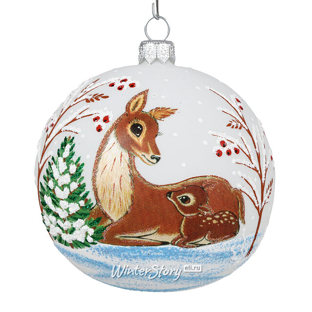 Стеклянный елочный шар Олени 9 см белый Фабрика Елочка