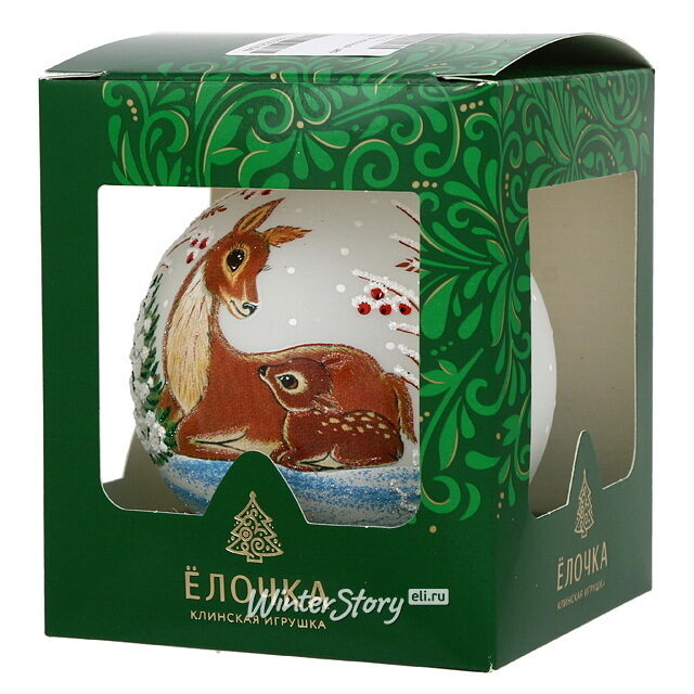 Стеклянный елочный шар Олени 9 см белый Фабрика Елочка