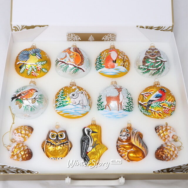Набор стеклянных елочных шаров Лесная Сказка 5-9 см, 13 шт Фабрика Елочка