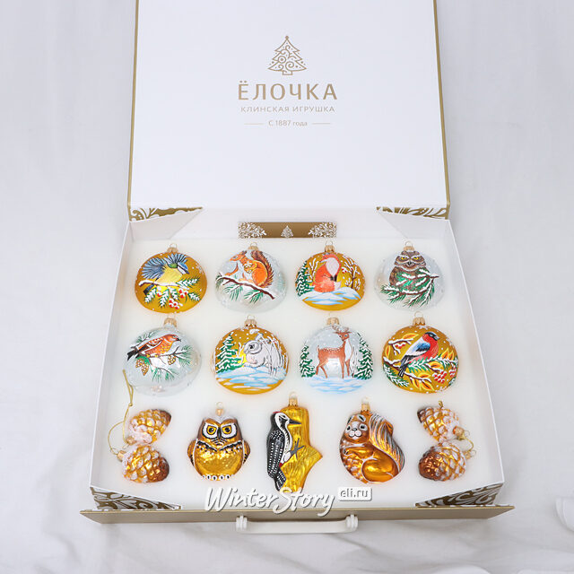Набор стеклянных елочных шаров Лесная Сказка 5-9 см, 13 шт Фабрика Елочка