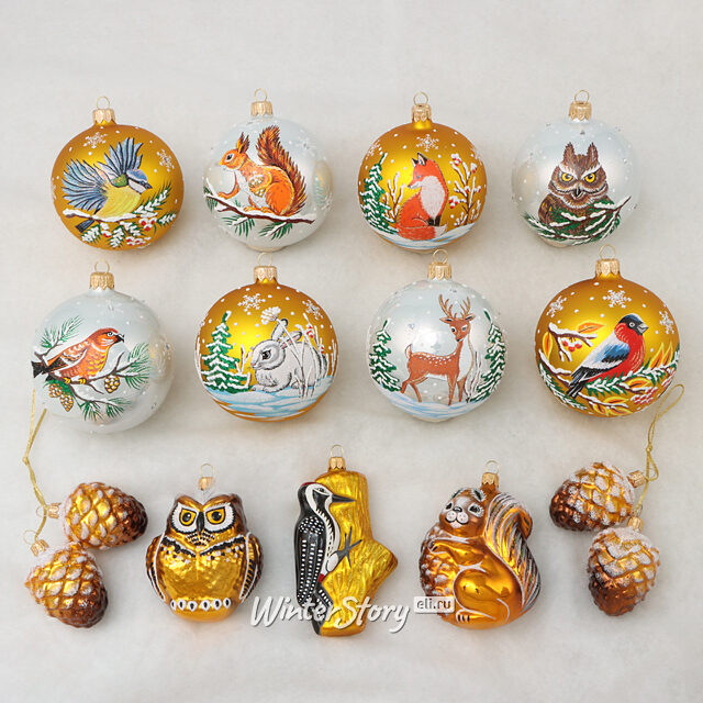 Набор стеклянных елочных шаров Лесная Сказка 5-9 см, 13 шт Фабрика Елочка