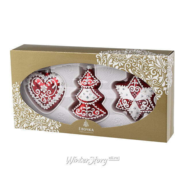 Набор елочных игрушек Пряничный, 3 шт, красный, стекло Фабрика Елочка