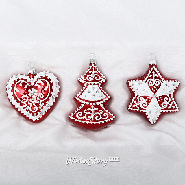 Набор елочных игрушек Пряничный, 3 шт, красный, стекло Фабрика Елочка