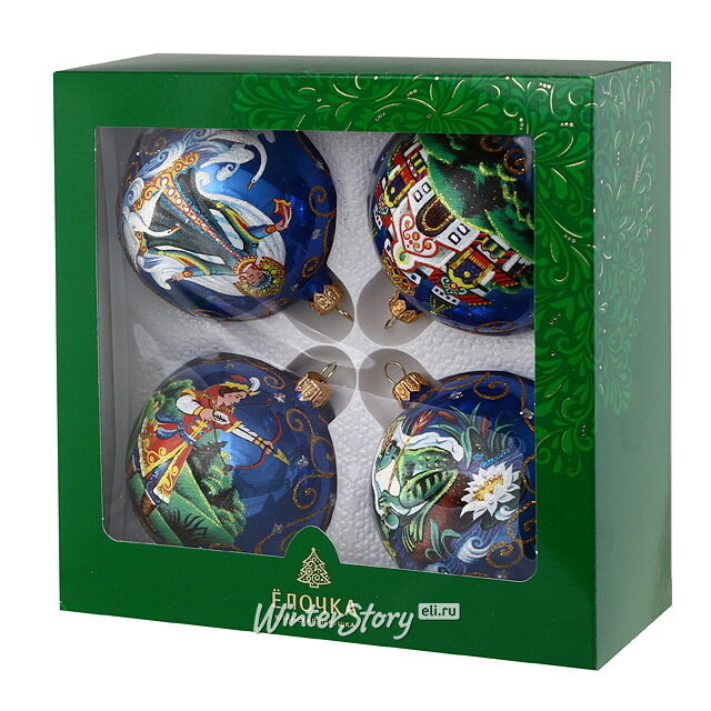 Набор стеклянных елочных шаров Царевна-Лягушка 8 см, синий, 4 шт Фабрика Елочка