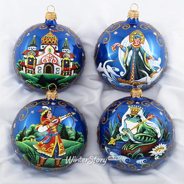 Набор стеклянных елочных шаров Царевна-Лягушка 8 см, синий, 4 шт Фабрика Елочка