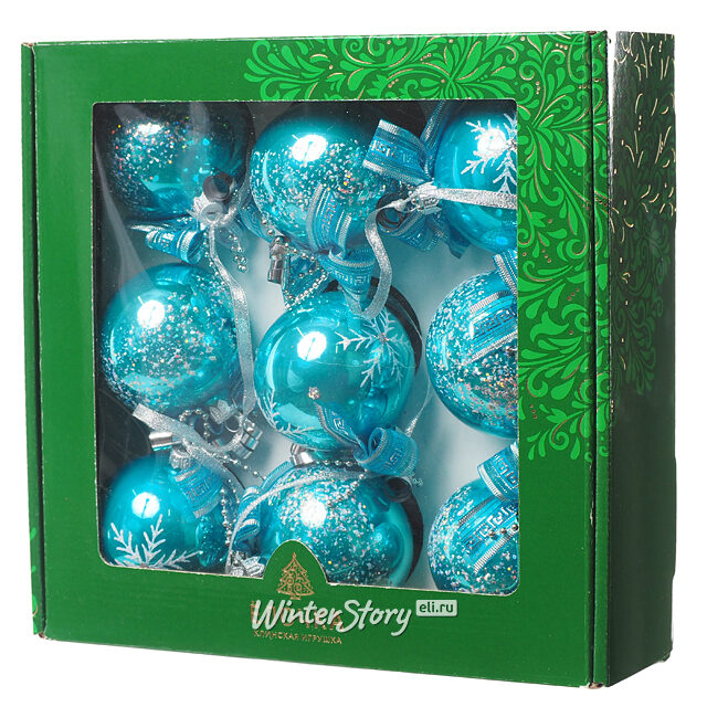 Гирлянда из стеклянных шаров Морозный Узор 104 см голубая, стекло Фабрика Елочка