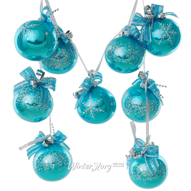 Гирлянда из стеклянных шаров Морозный Узор 104 см голубая, стекло Фабрика Елочка