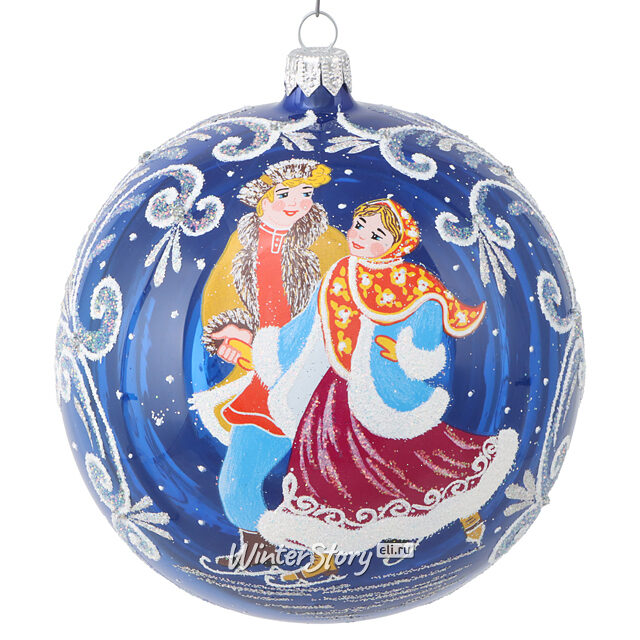 Стеклянный елочный шар Ледяные Кружева 11 см синий Фабрика Елочка