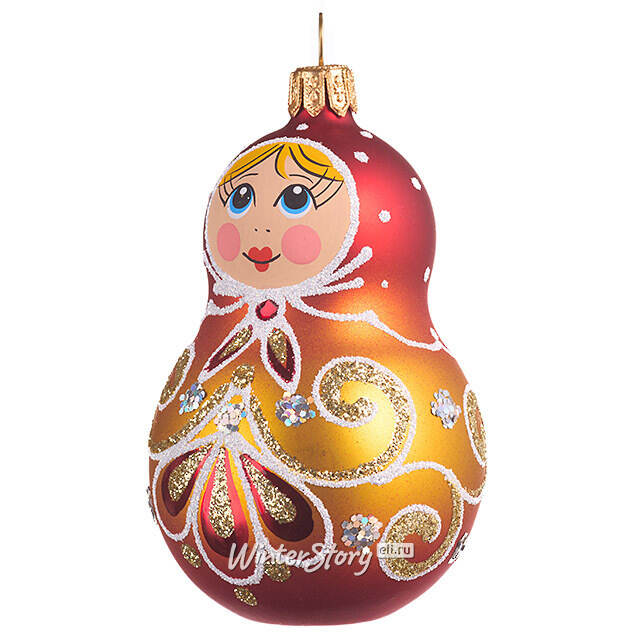 Стеклянная елочная игрушка Ажурная Матрешка 9 см, золотая, подвеска Фабрика Елочка