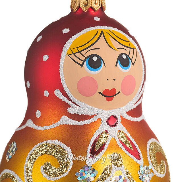 Стеклянная елочная игрушка Ажурная Матрешка 9 см, золотая, подвеска Фабрика Елочка