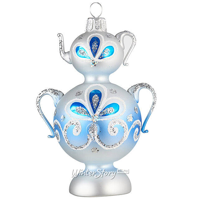 Стеклянная елочная игрушка Самоварчик Ажурный 11 см синяя, подвеска Фабрика Елочка