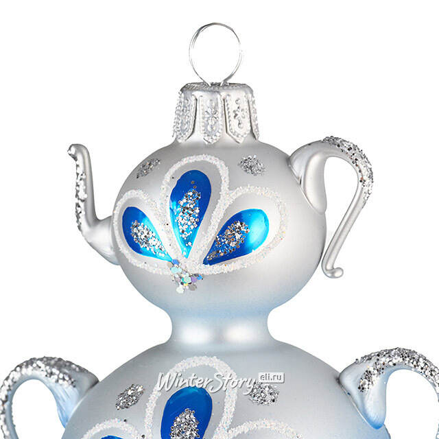 Стеклянная елочная игрушка Самоварчик Ажурный 11 см синяя, подвеска Фабрика Елочка
