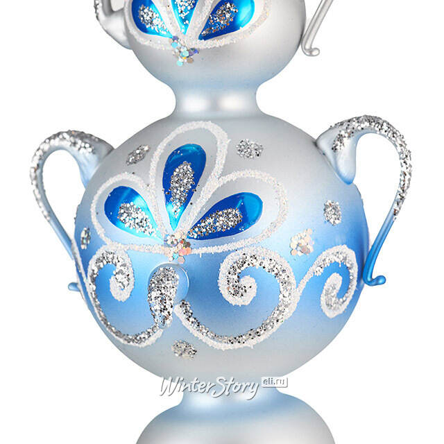 Стеклянная елочная игрушка Самоварчик Ажурный 11 см синяя, подвеска Фабрика Елочка