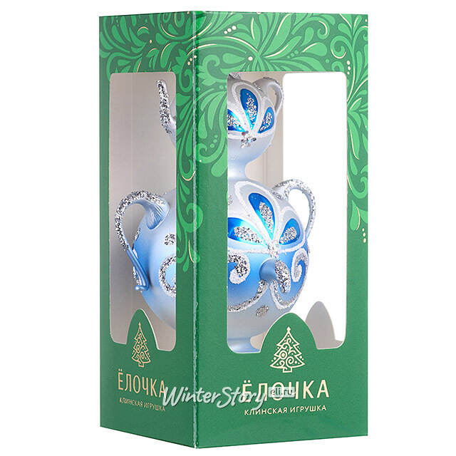 Стеклянная елочная игрушка Самоварчик Ажурный 11 см синяя, подвеска Фабрика Елочка