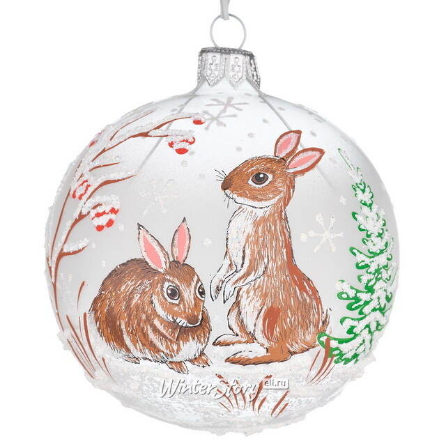 Стеклянный елочный шар Зайчики 9 см Фабрика Елочка