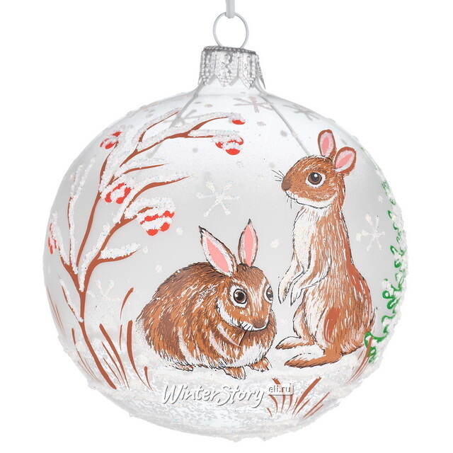 Стеклянный елочный шар Зайчики 9 см Фабрика Елочка