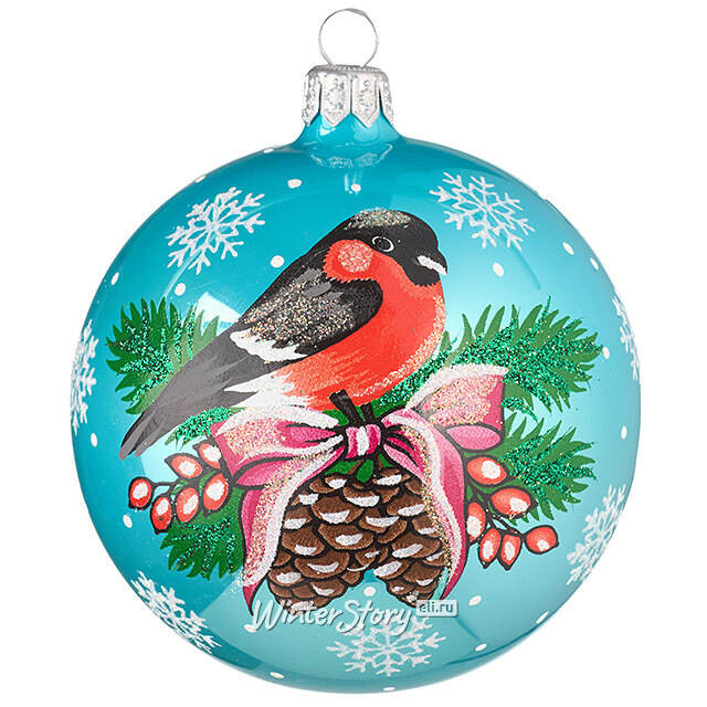 Стеклянный елочный шар Снегирь 9 см голубой Фабрика Елочка