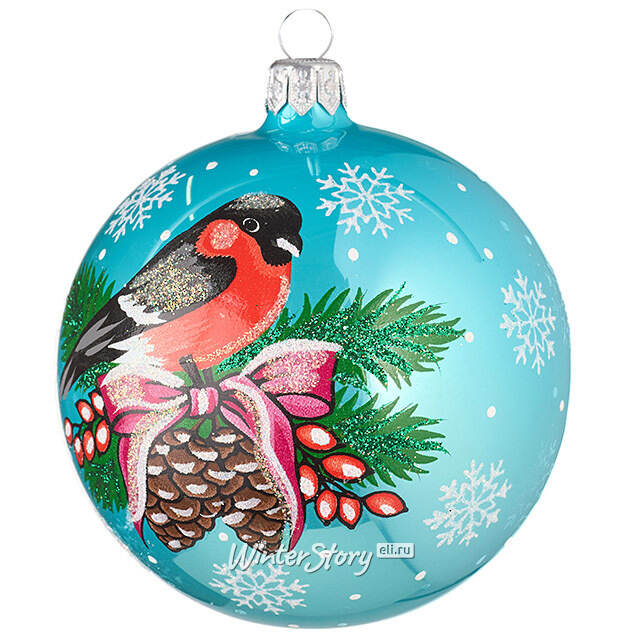 Стеклянный елочный шар Снегирь 9 см голубой Фабрика Елочка
