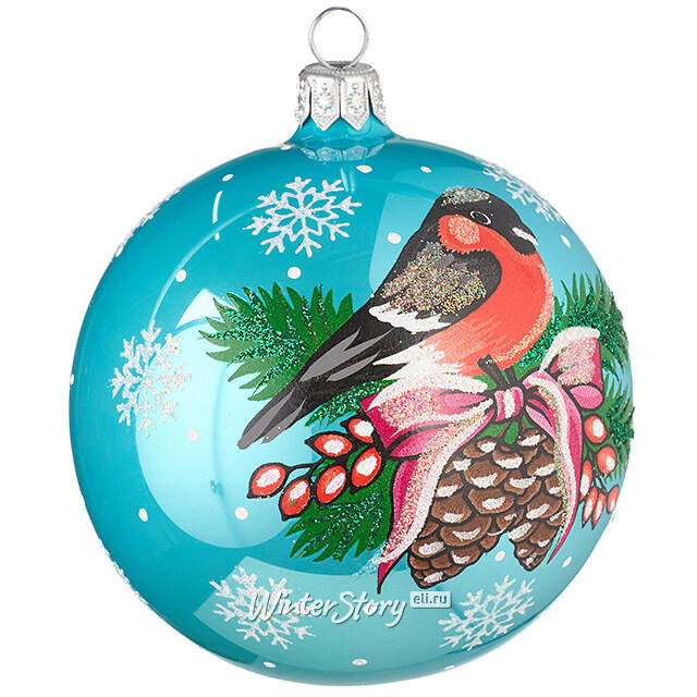 Стеклянный елочный шар Снегирь 9 см голубой Фабрика Елочка