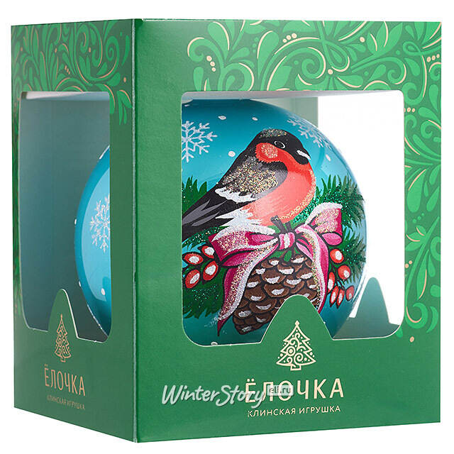 Стеклянный елочный шар Снегирь 9 см голубой Фабрика Елочка