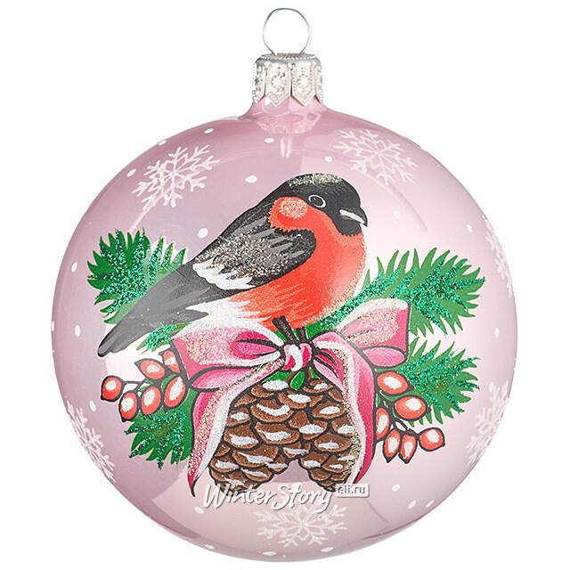 Стеклянный елочный шар Снегирь 9 см розовый Фабрика Елочка
