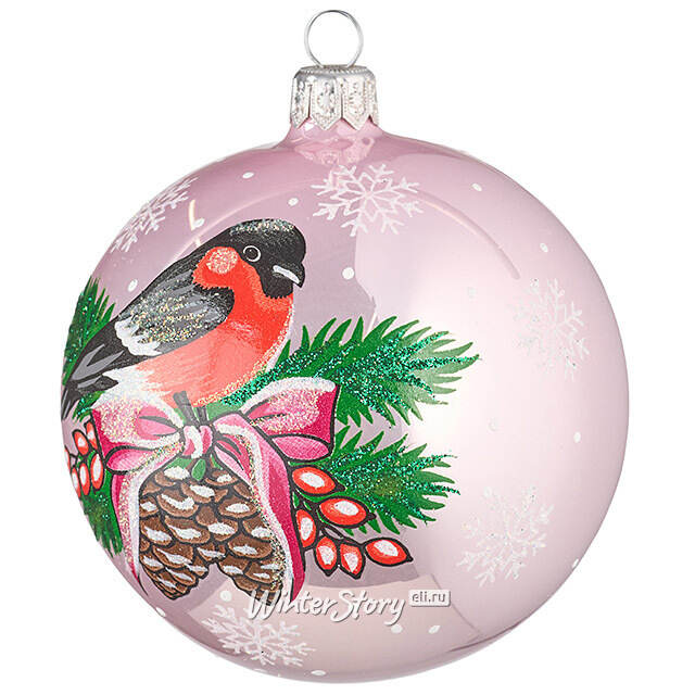 Стеклянный елочный шар Снегирь 9 см розовый Фабрика Елочка