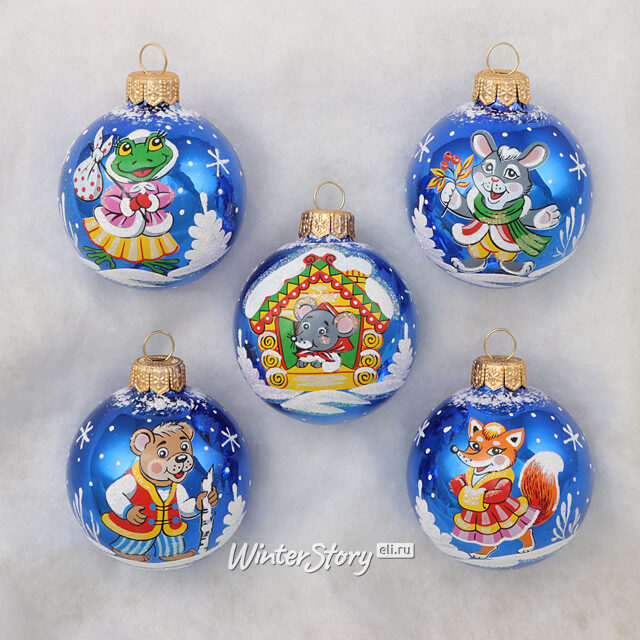 Набор стеклянных елочных шаров Теремок 6 см синий, 5 шт Фабрика Елочка