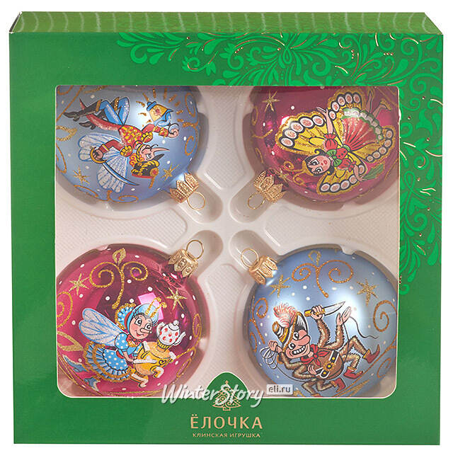 Набор стеклянных елочных шаров Муха-Цокотуха 8 см, 4 шт Фабрика Елочка