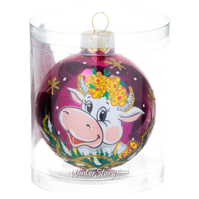 Стеклянный елочный шар Зодиак - Бычок Романтик 6 см вишневый Фабрика Елочка