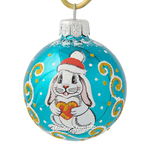 Стеклянный елочный шар Зодиак - Кролик с сердечком 6 см бирюзовый Фабрика Елочка