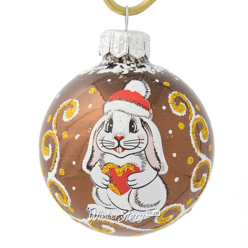 Стеклянный елочный шар Зодиак - Кролик с сердечком 6 см шоколадный Фабрика Елочка