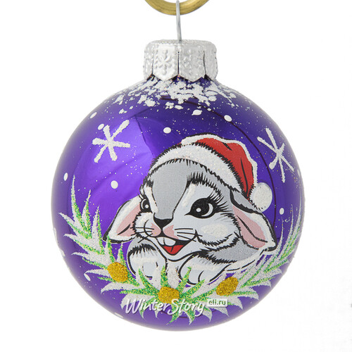 Стеклянный елочный шар Зодиак - Кролик в шапочке 6 см фиолетовый Фабрика Елочка