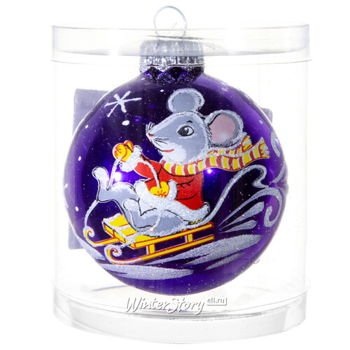 Стеклянный елочный шар Зодиак - Мышка на санках 6 см фиолетовый Фабрика Елочка